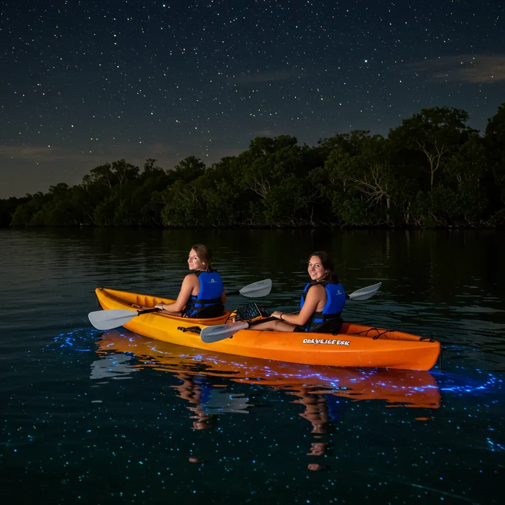 Two people kayaking on calm water at night, with blue LED lights glowing beneath their kayaks.