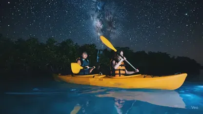 Two people kayaking on a dark lake at night under a starry sky, with yellow kayaks and paddles.