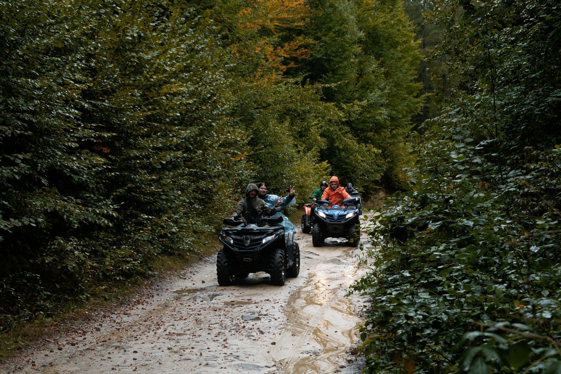 ATVs with riders driving along a wooded dirt road in autumn