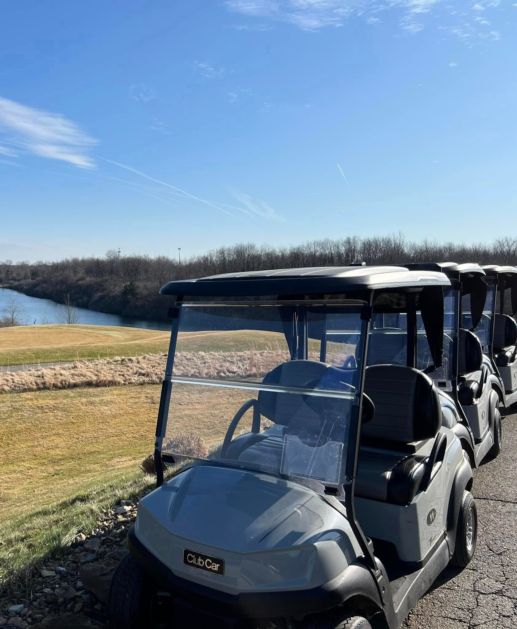 Row of golf carts parked near a river under a clear blue sky.