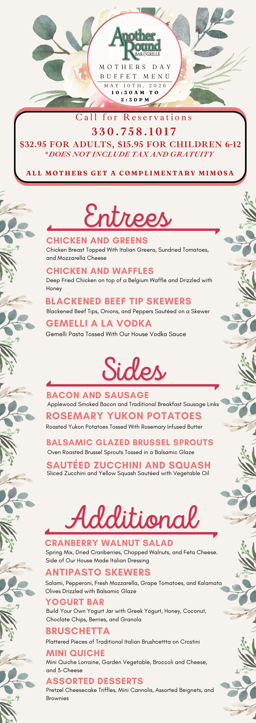 Mothers Day Menu 2026