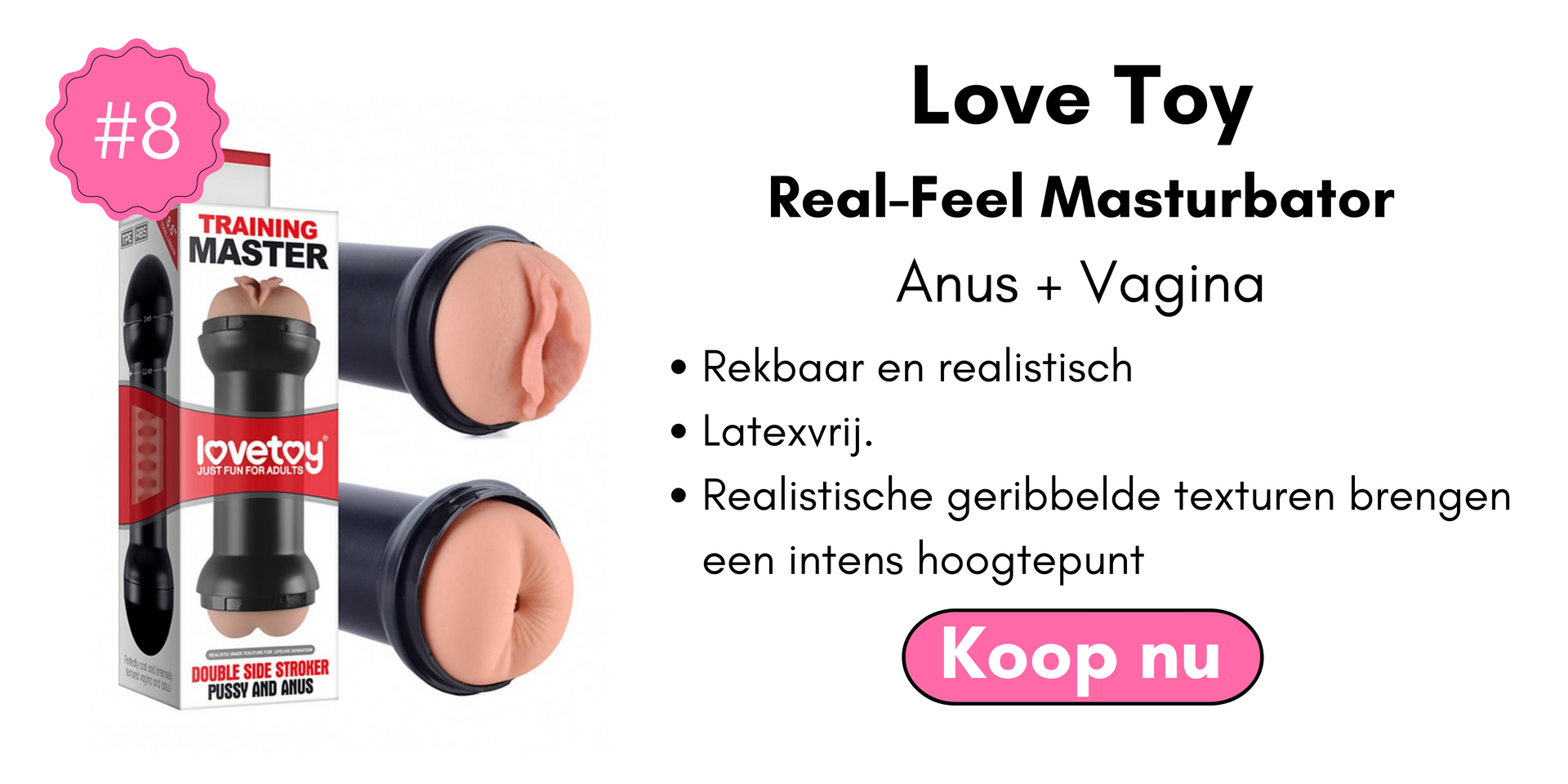 Training Master Double-ended real-feel masturbator Anus + Vagina  Rekbaar en realistisch, gemaakt van TPE, ftalaatvrij, latexvrij. Realistische interne geribbelde texturen brengen intense sensaties  Gebruik alleen met glijmiddel op waterbasis  Reinig voor en na gebruik met water en zeep