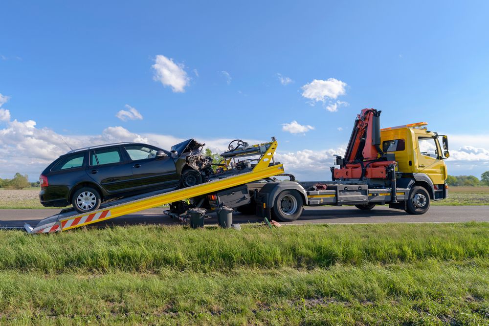 A Tow Truck is Towing a Car on a Ramp — DJ's Tilt Tray Service in Coffs Harbour, NSW