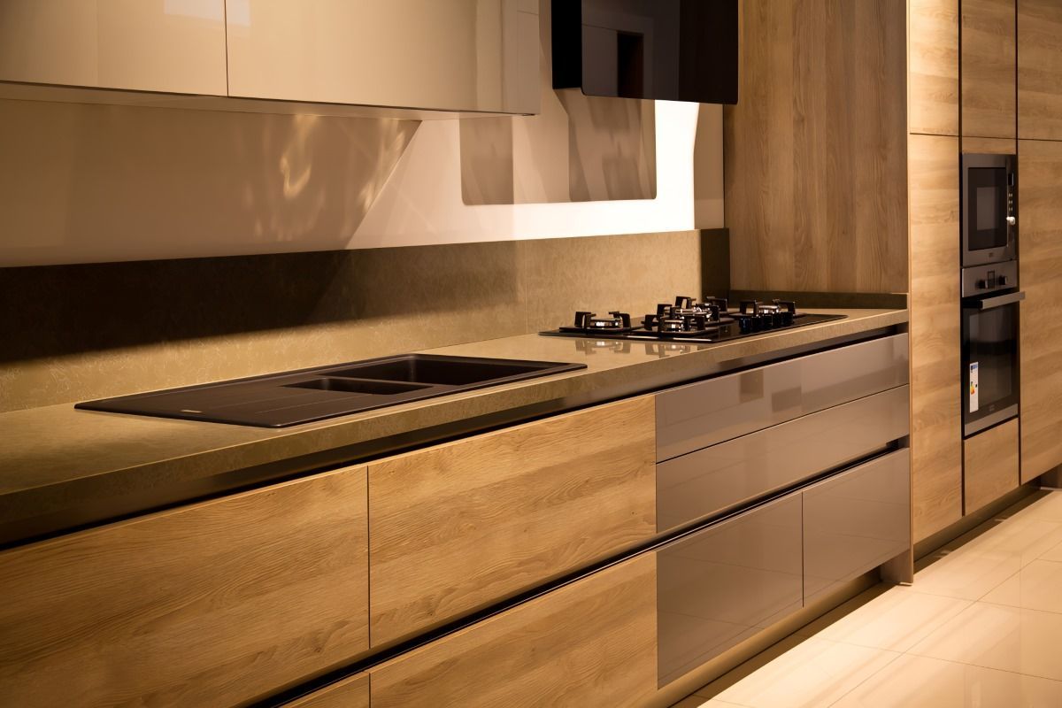 A Kitchen With Wooden Cabinets And Stainless Steel Appliances — O'Donnell Cabinetmaking in Yeppoon, QLD