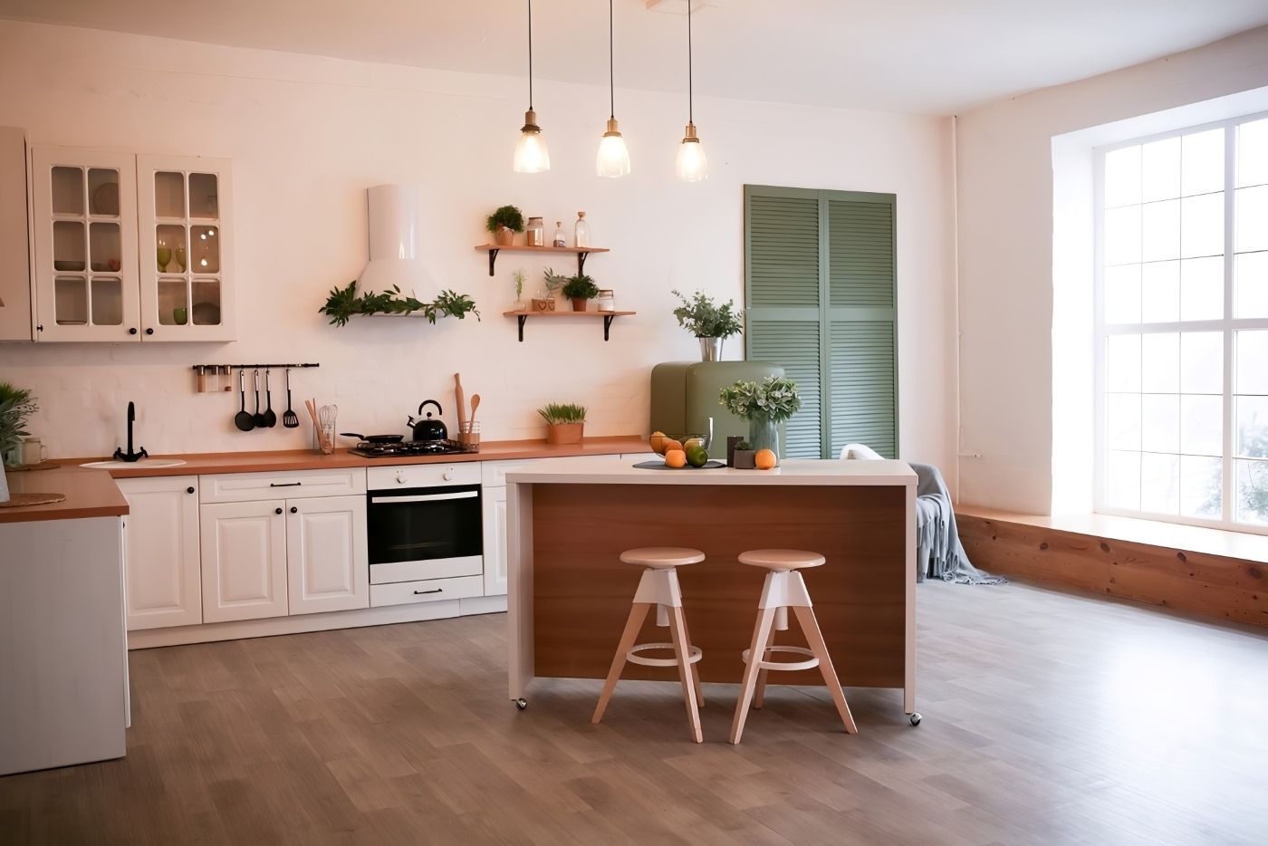 A Kitchen With White Cabinets , A Wooden Island , Stools And A Large Window — O'Donnell Cabinetmaking in Gracemere, QLD