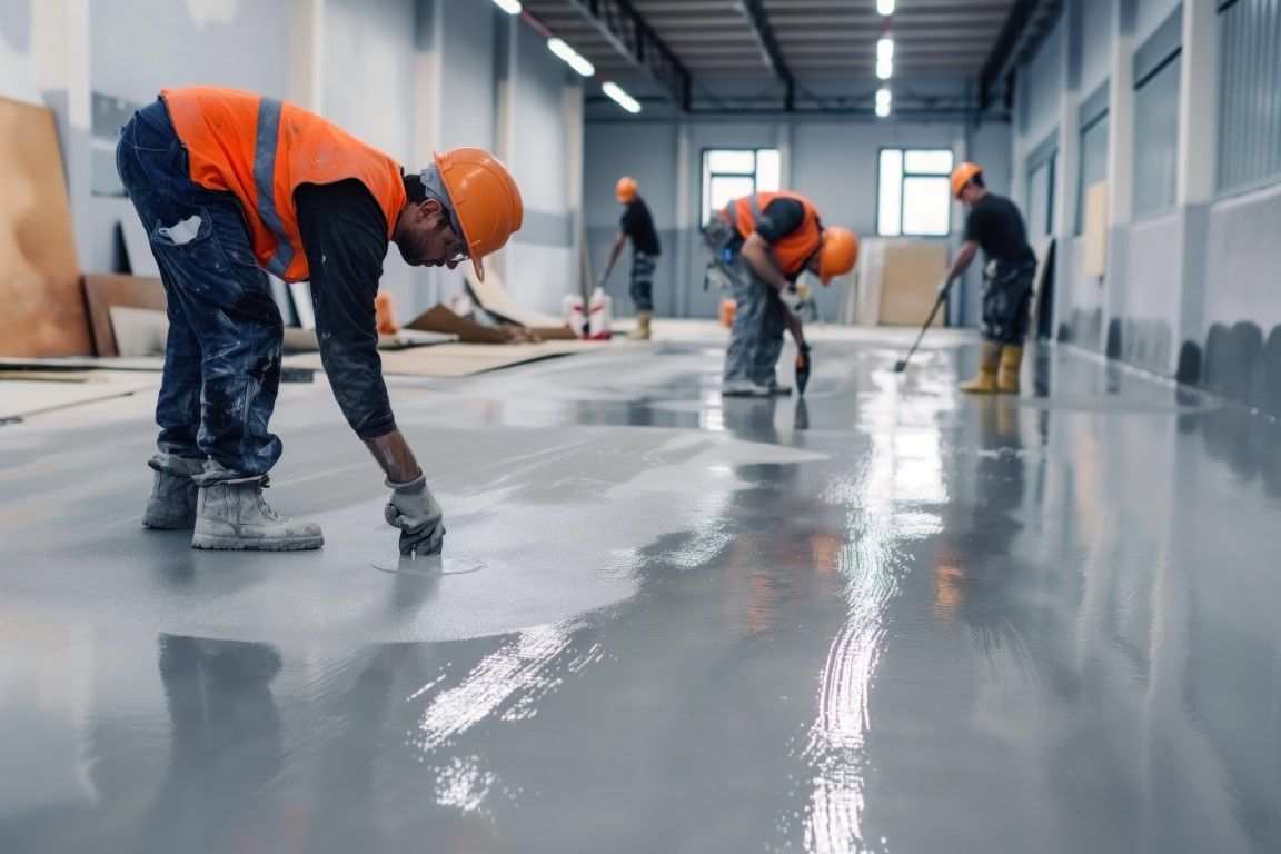 Workers in orange safety gear smoothing wet concrete inside a large industrial warehouse
