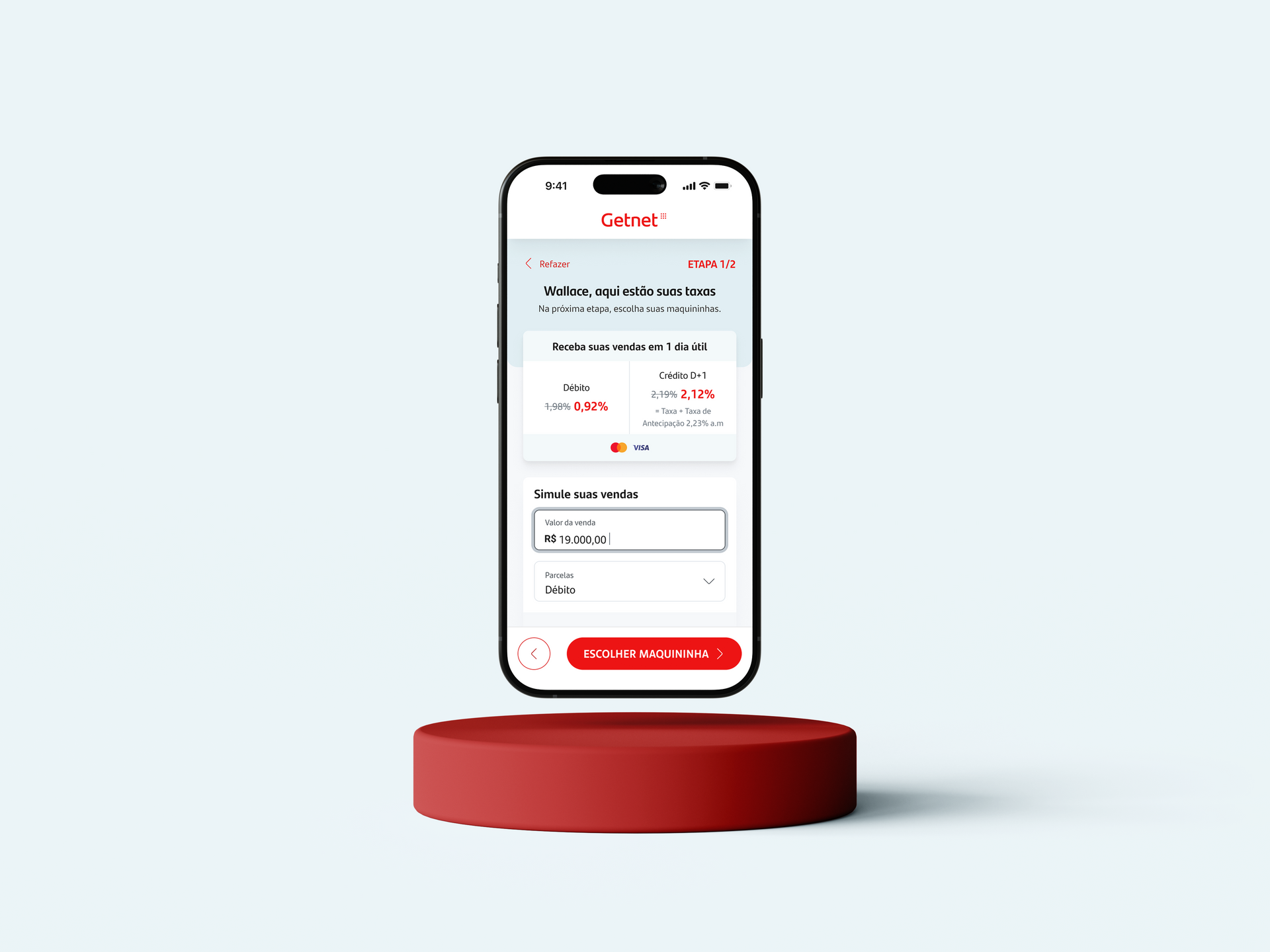 Um celular está em cima de um pódio vermelho.