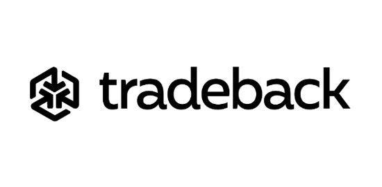 O logotipo do tradeback é preto e branco em um fundo branco.