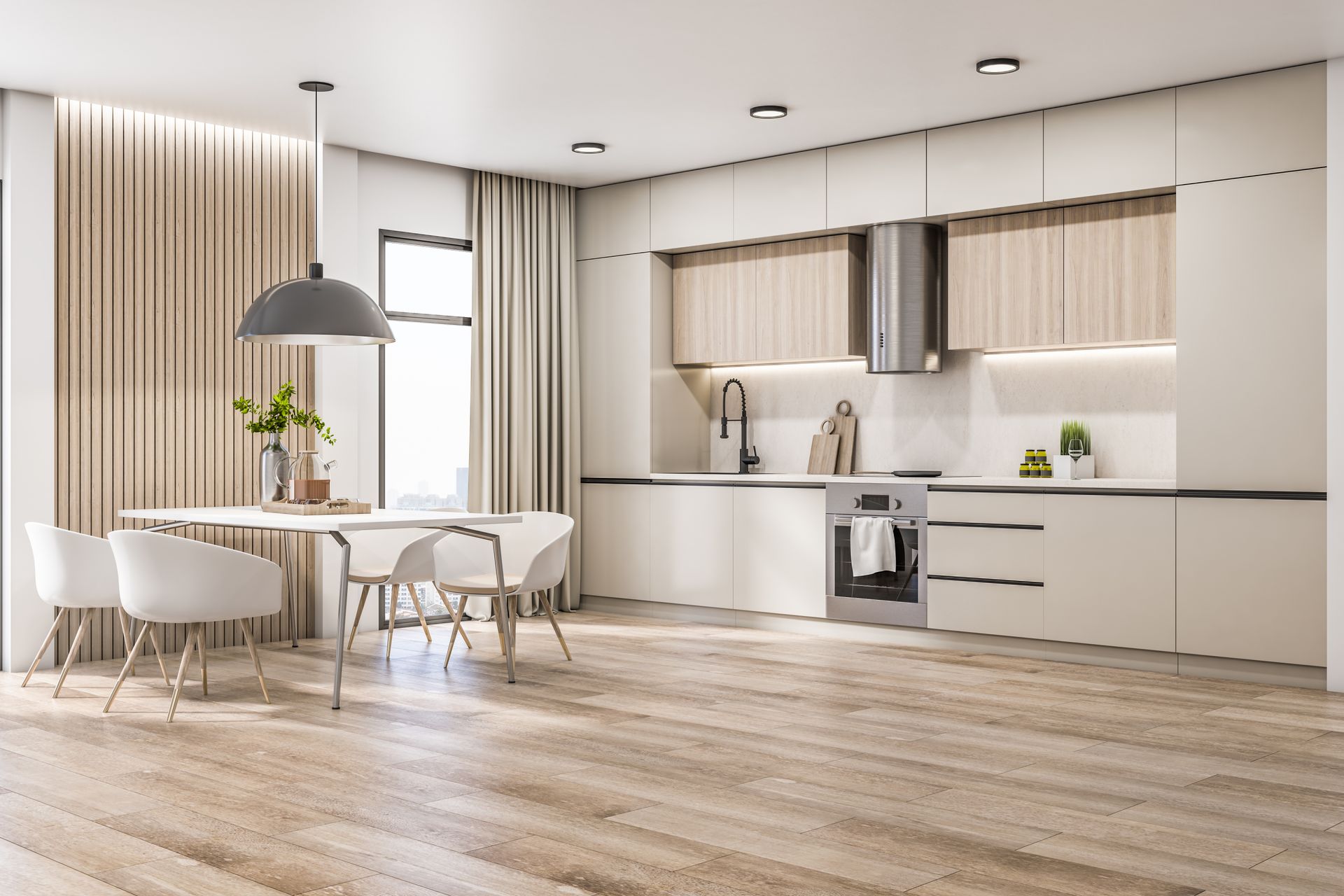 Bright modern kitchen and dining area with light wood floors, white furniture, and beige cabinets