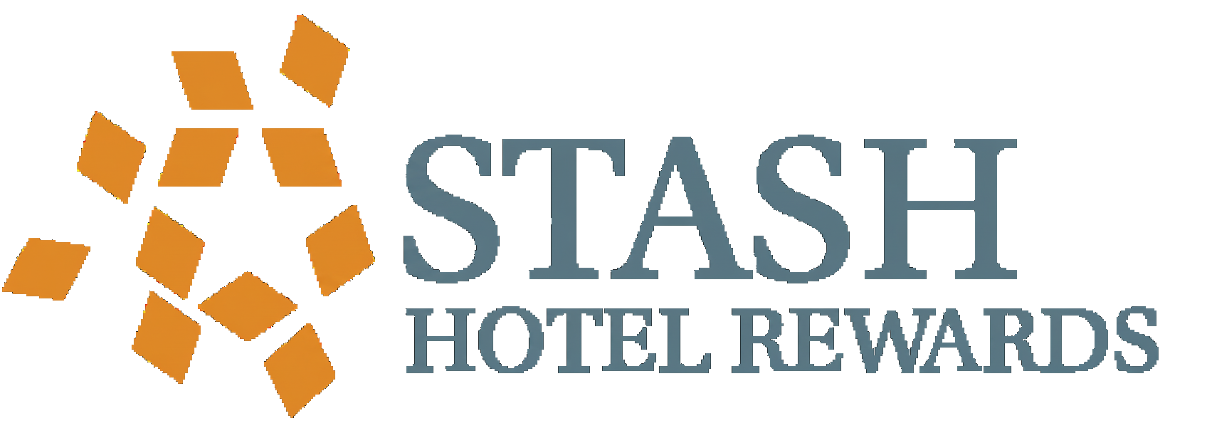 STASH Hotel Rewards logo with orange geometric icon and gray text on white background