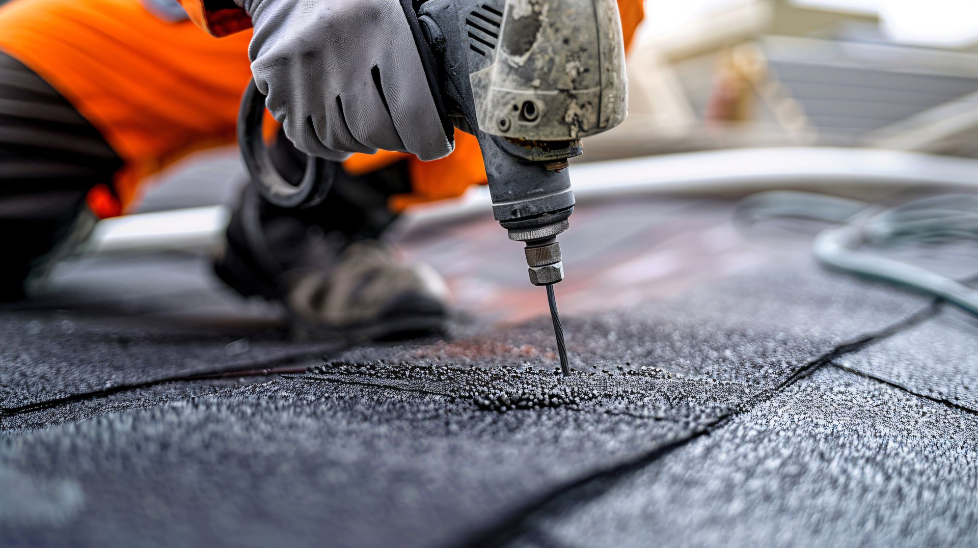 Worker using a drill on a dark surface, possibly roofing, with protective gear.