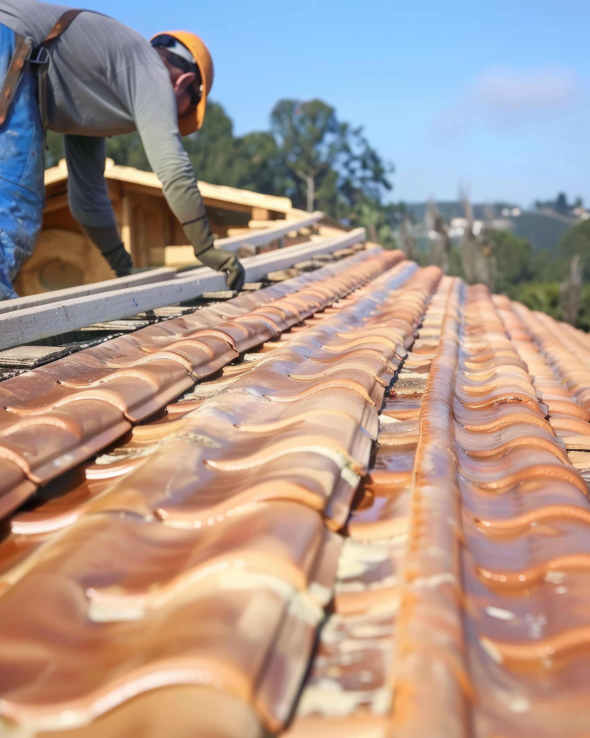 Roofer installing terracotta tiles on a roof, blue sky backdrop.