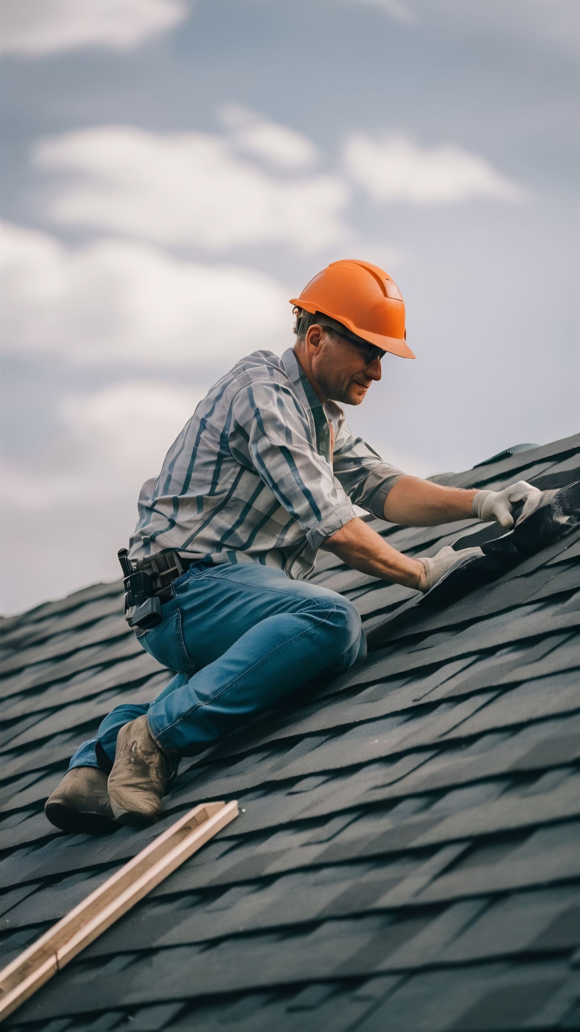 Roofer in orange hard hat, installing shingles on a roof. Overcast sky.