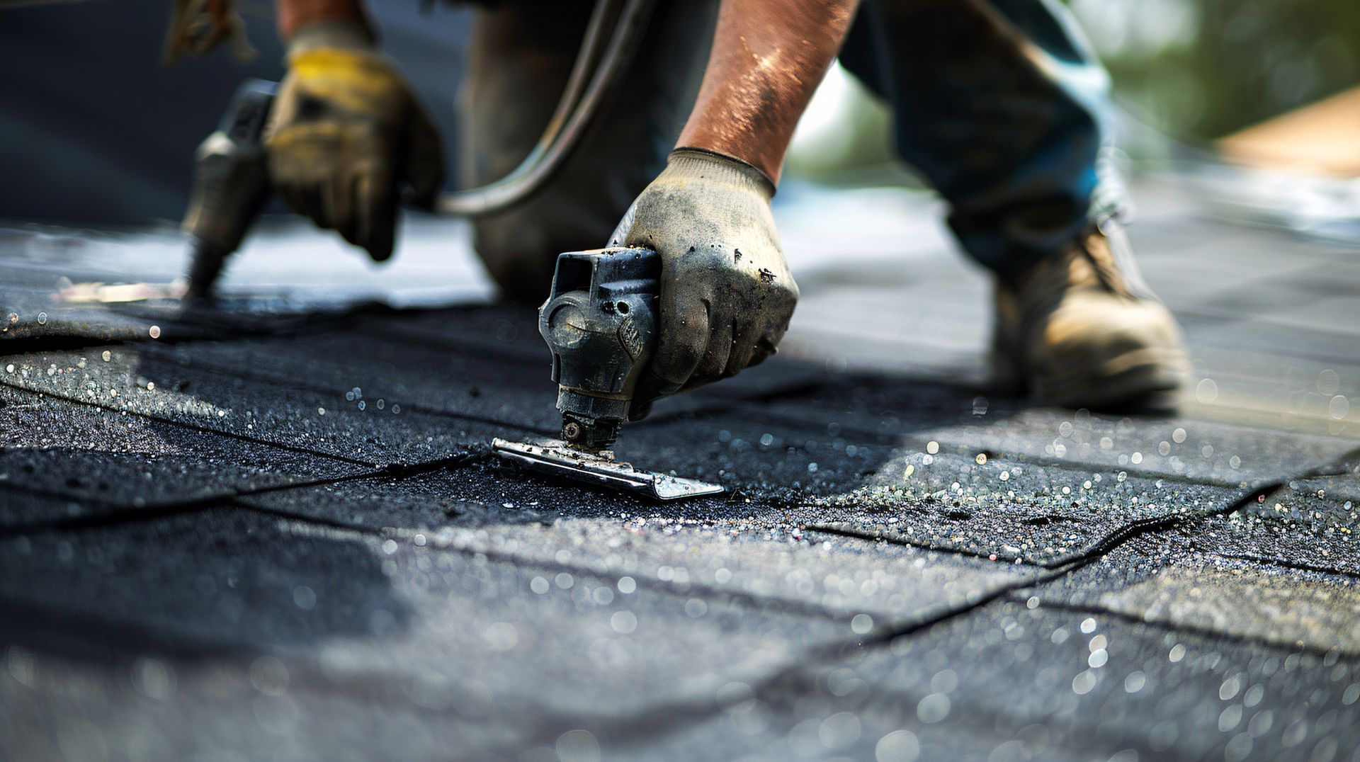 Roofer installing asphalt shingles; hands with work gloves are using a tool on a dark shingle roof.