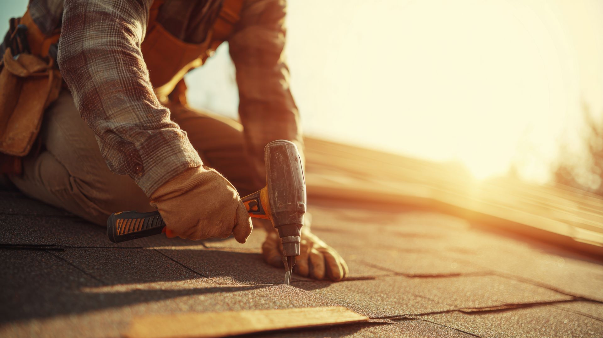 Roofer using a drill to install shingles on a sunlit roof.
