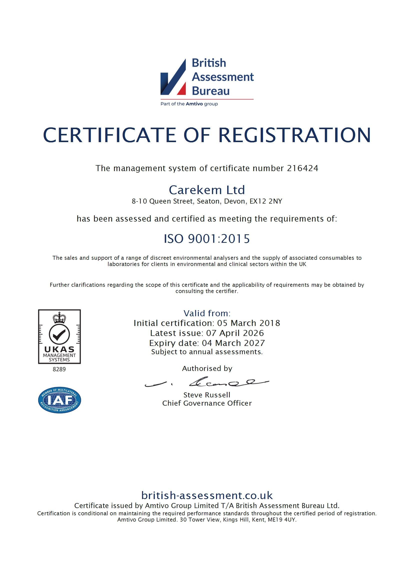 A certificate of registration from the british assessment bureau