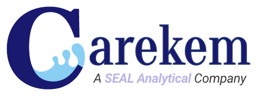 A blue and white logo for carekem on a white background