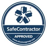 A blue circle with a flower on it that says safe contractor approved