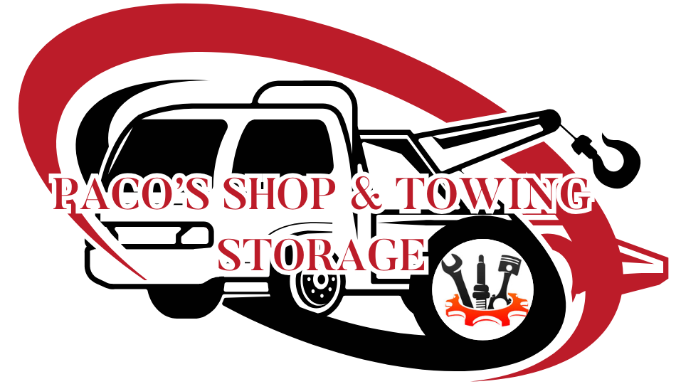 The logo for paco 's shop is a tow truck with a hook on the back.
