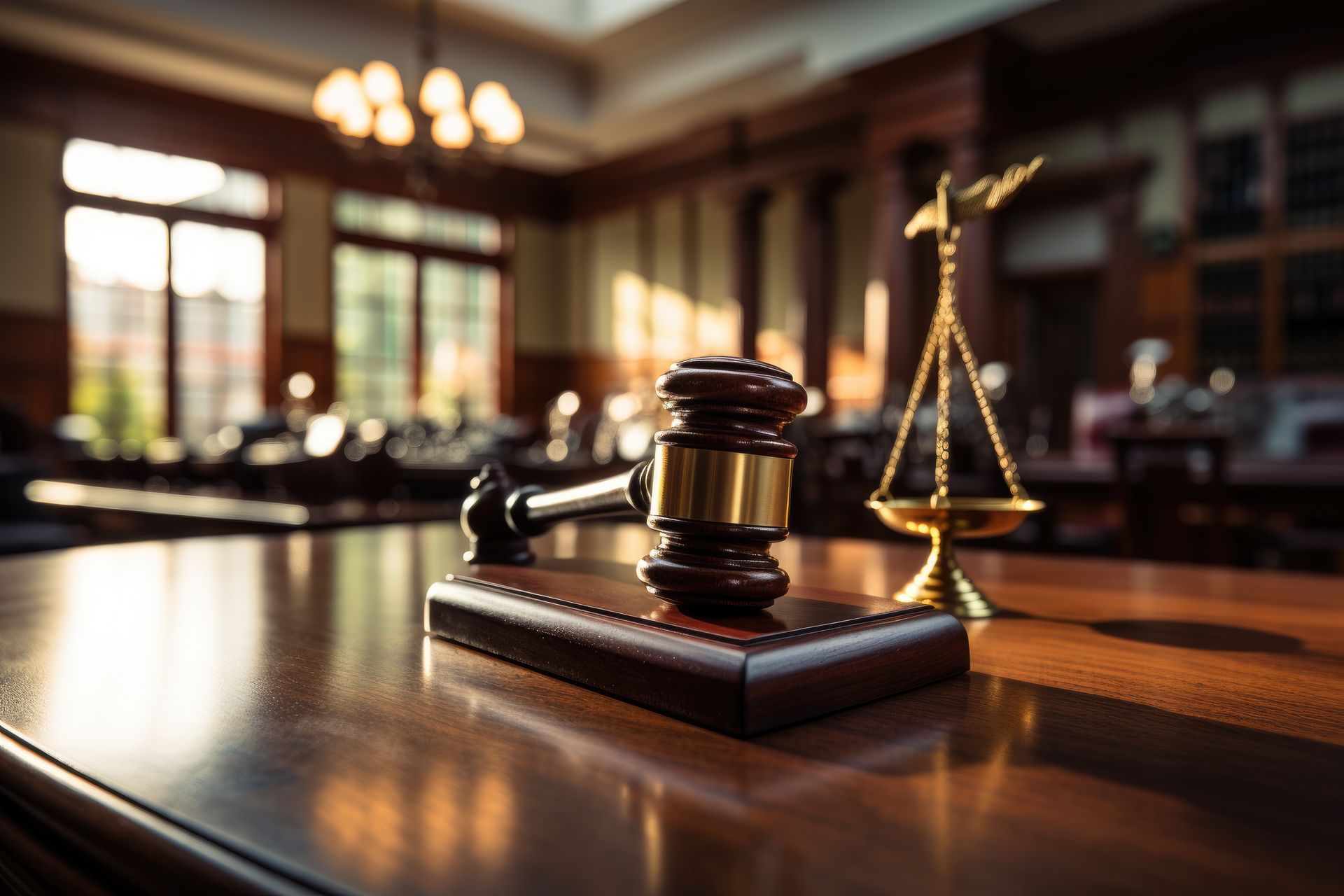 Gavel on wooden block and scales of justice on a courtroom table, representing felony attorney in FL