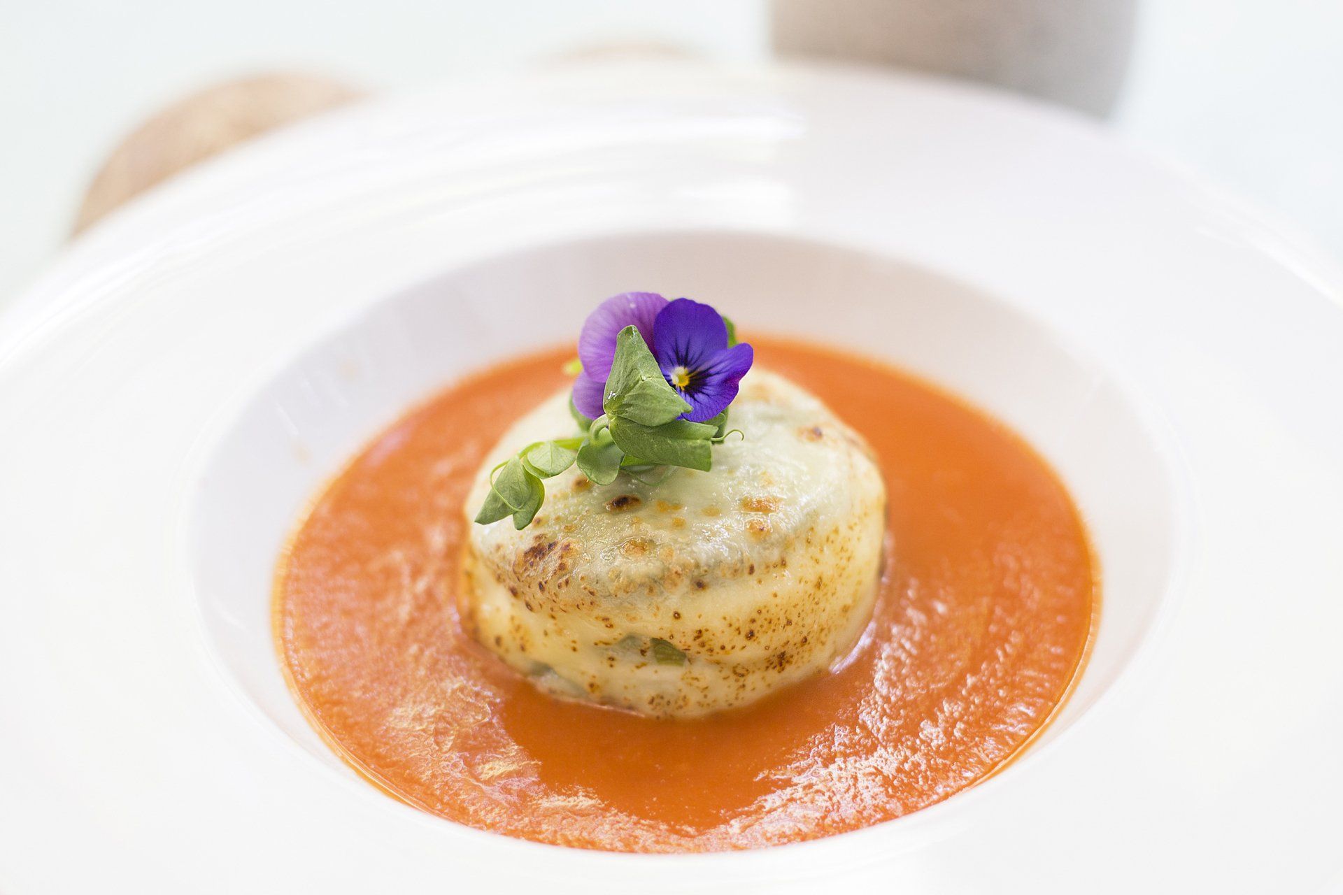Postre gourmet emplatado con salsa de naranja y adorno de flor morada.