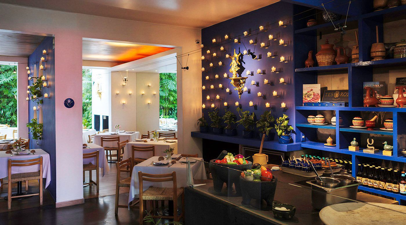 Zona de Azul Condesa con mesas de madera, estanterías iluminadas en azul, plantas y luces decorativas cálidas.