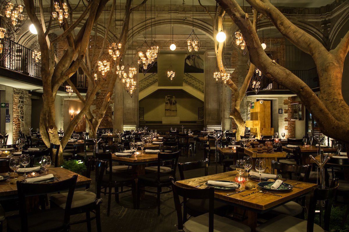 Elegante patio de restaurante al aire libre por la noche con cálidas luces de guirnalda, mesas de madera y grandes árboles.