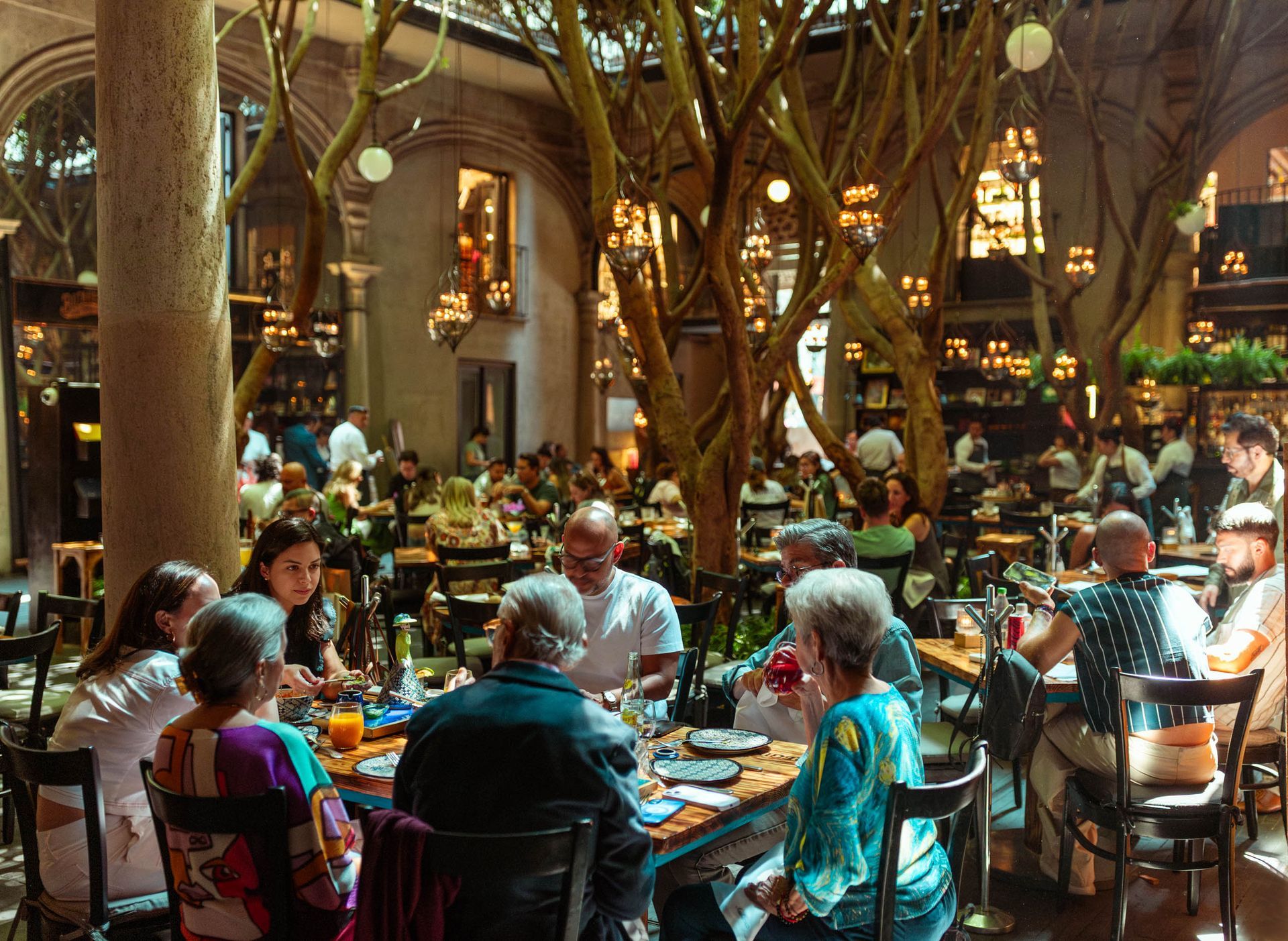 Gente cenando en un atrio interior con una iluminación cálida, árboles altos, luces colgantes y una decoración exuberante.