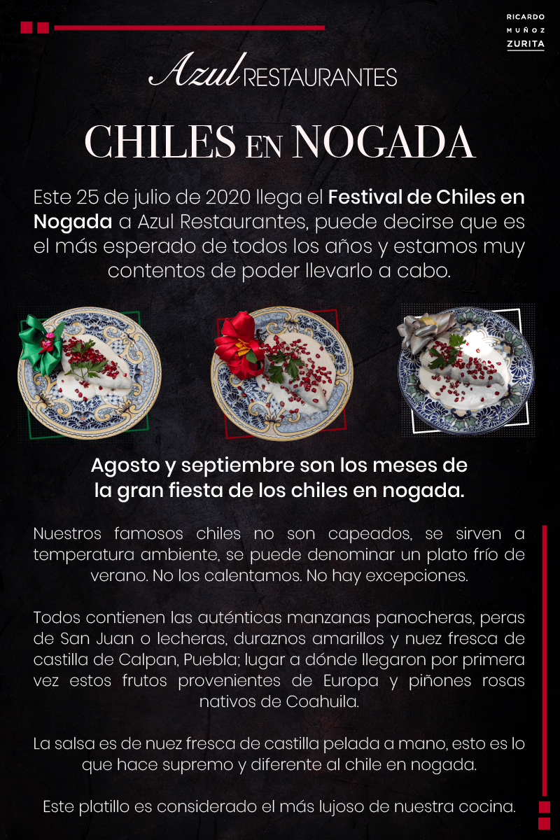 Cartel negro de “Chiles en Nogada” con tres platos de comida y texto promocional en español