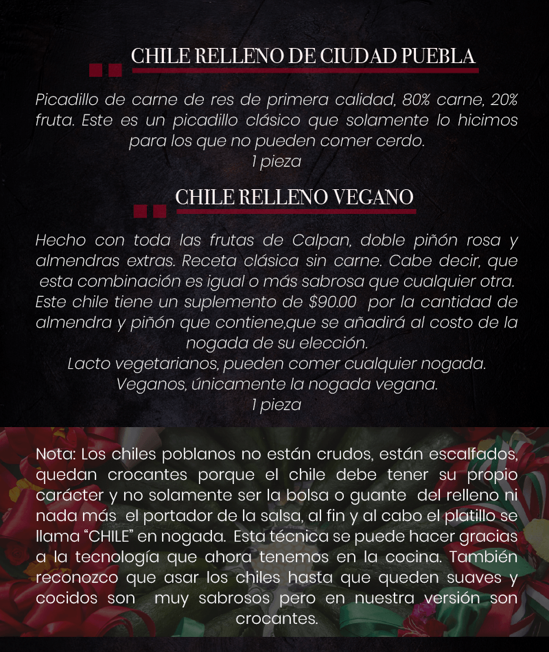 Cartel oscuro en español sobre “Chile relleno” y “Chile relleno vegano”, con bloques de texto sobre fondo negro.