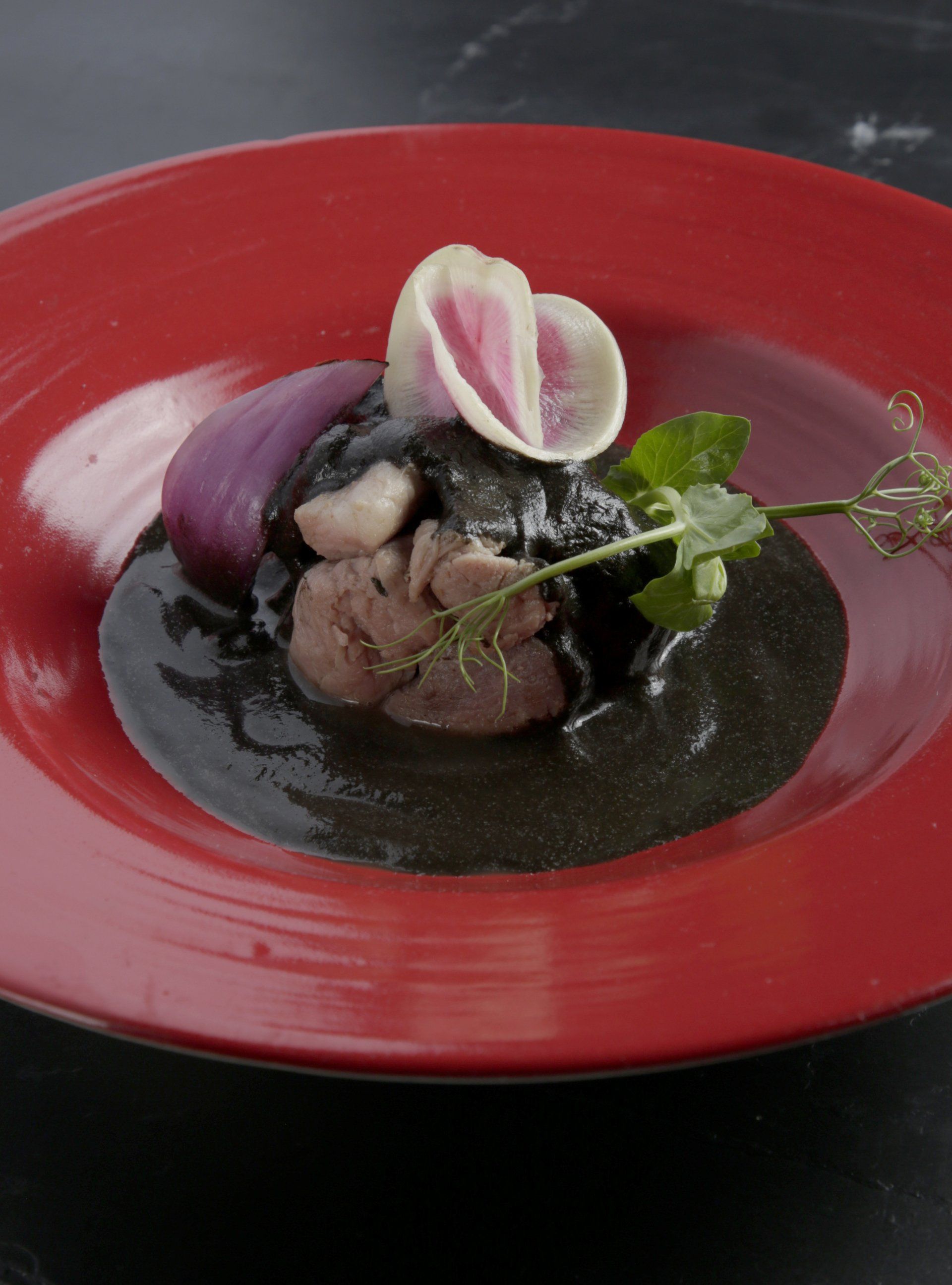 Plato gourmet presentado en un plato rojo con salsa oscura, guarnición y una rodaja de rábano.