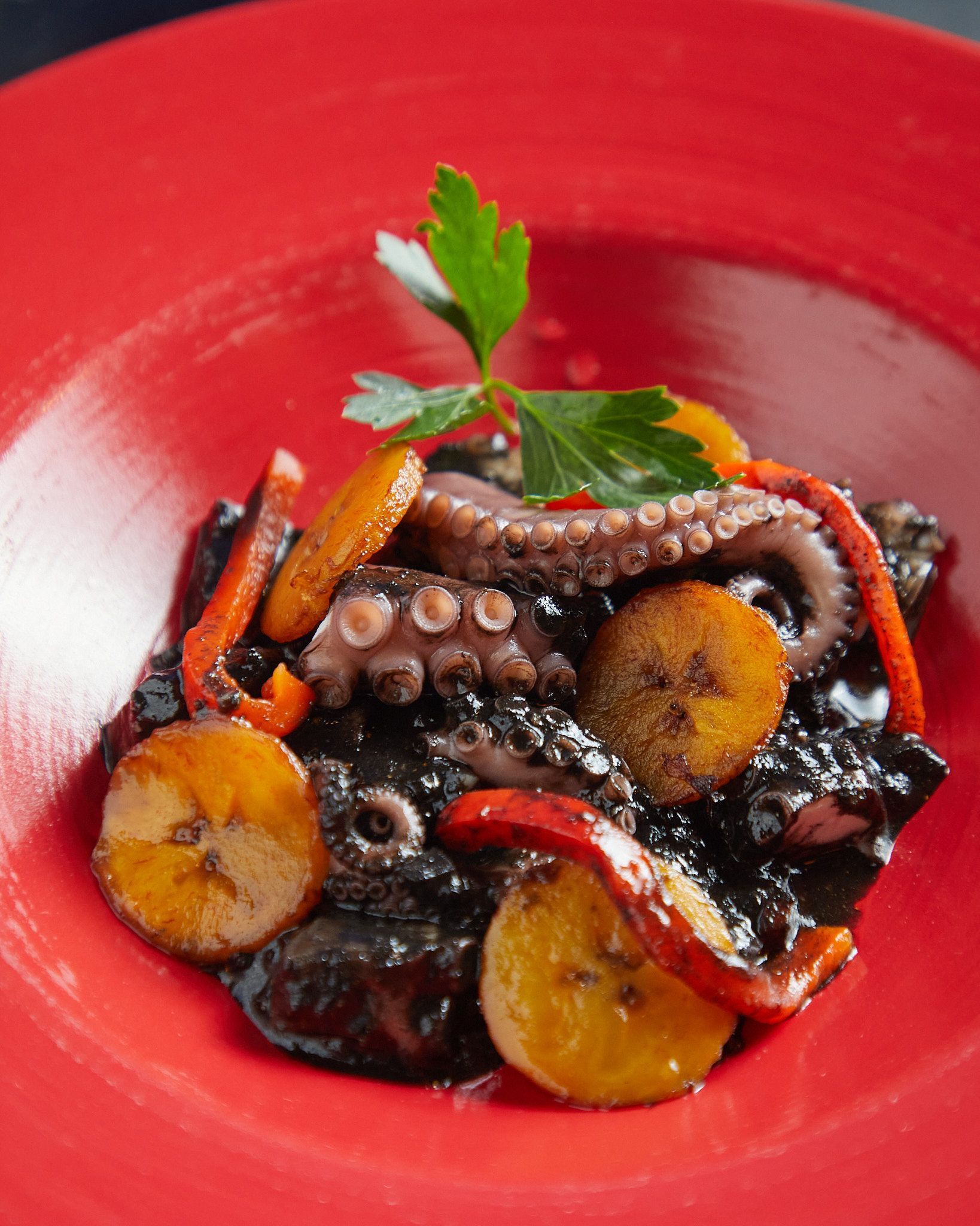 Plato de pulpoen su tinta de restaurantes Azul