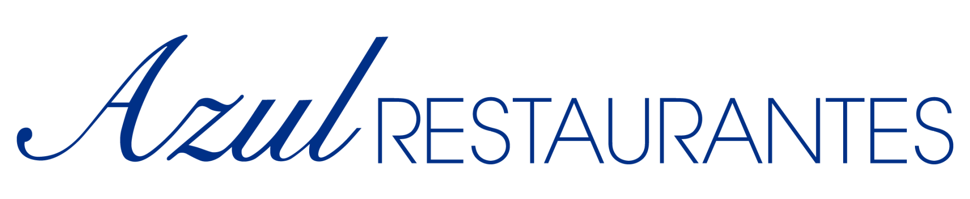 Logotipo de Azul Restaurantes en letra cursiva azul y texto en mayúsculas grises sobre fondo blanco.