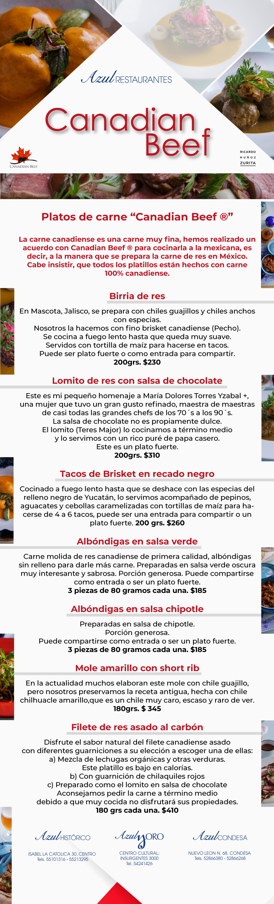 Folleto con el menú del restaurante Canadian Beef con texto en rojo y negro, fotos de la comida y lista de platos.