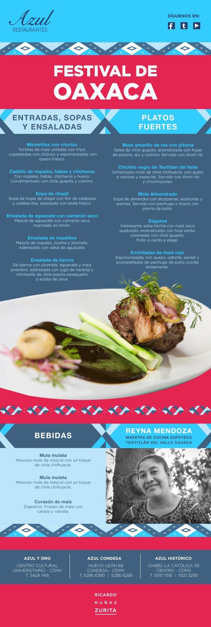 Cartel azul del “Festival de Oaxaca” con texto blanco, fotos de comida y una pancarta decorativa roja.
