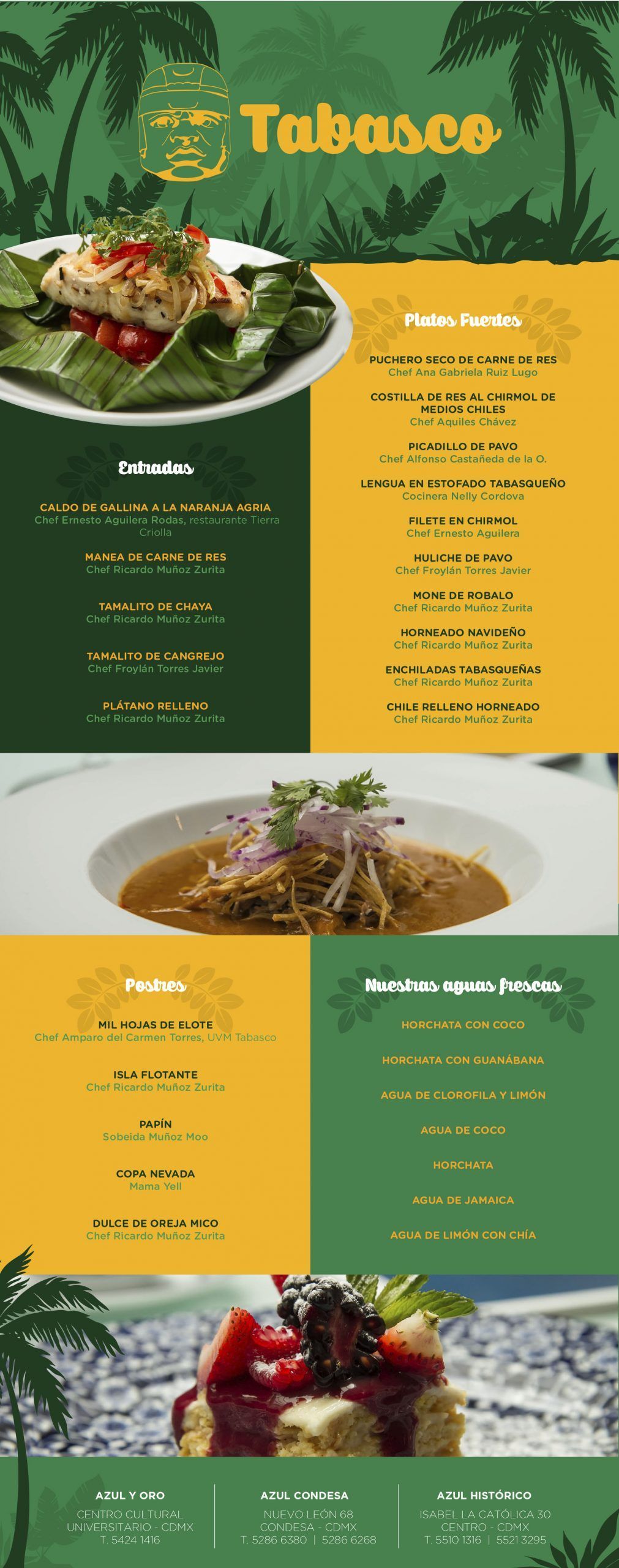 Folleto verde y amarillo de un restaurante con fotos de comida y el menú titulado “Tabasco”.