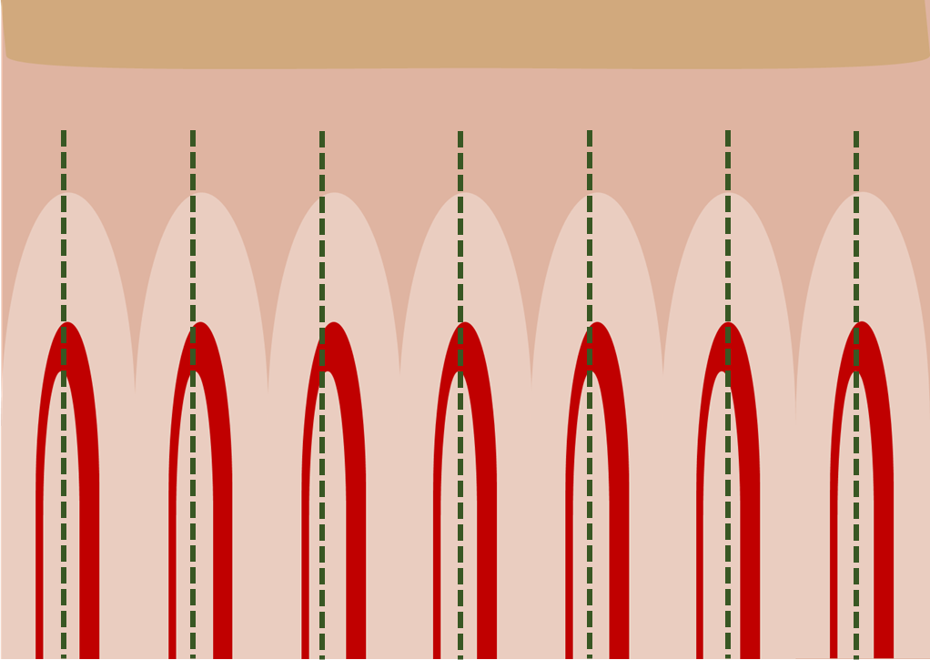 Un dibujo de una fila de tubos rojos con líneas verdes que los atraviesan.