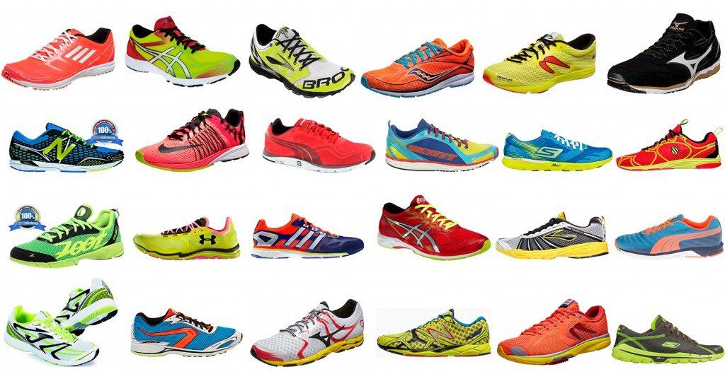 Una variedad de zapatillas para correr de diferentes colores están alineadas sobre un fondo blanco.