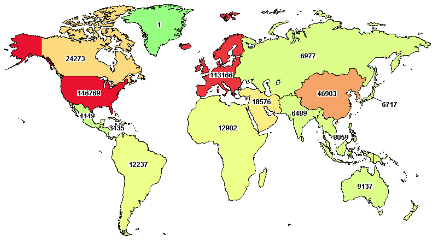 Un mapa del mundo con Estados Unidos en el medio.