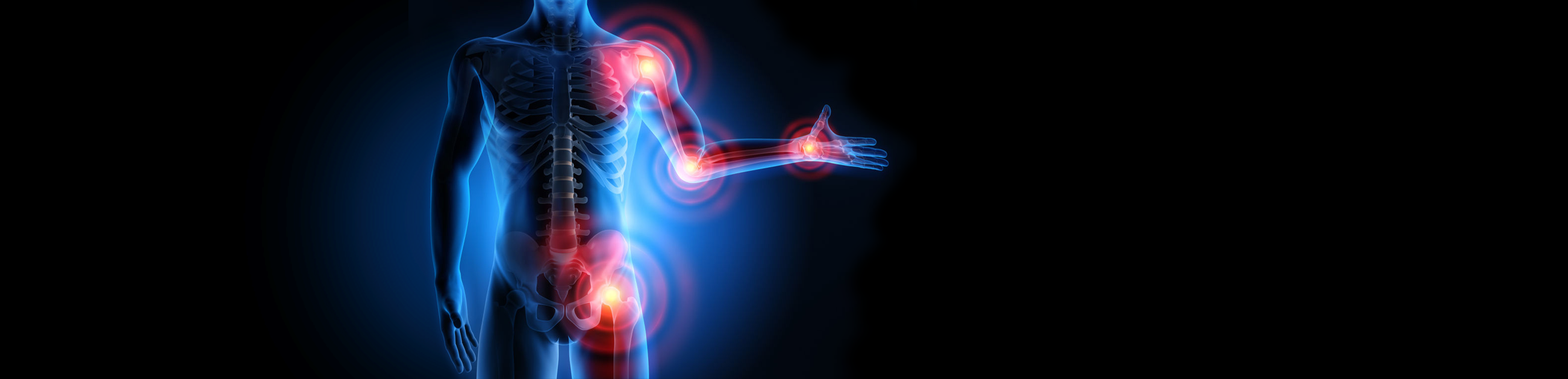 Una imagen generada por computadora del esqueleto de una persona con luces rojas y azules saliendo de él.