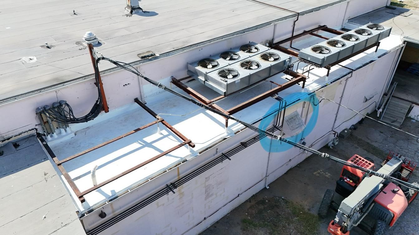 Aerial view of a white rooftop with HVAC units, a blue circular marking, and red equipment below.