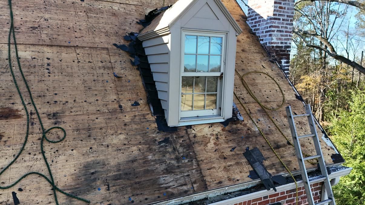 Dormer window on a shingled roof with a ladder leaning against it and trees in the background