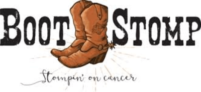 Boot Stomp logo with brown cowboy boots and the tagline “stompin on cancer”