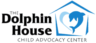 The Dolphin House Child Advocacy Center logo with blue dolphin house icon and black text