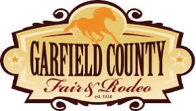 Garfield County Fair & Rodeo logo in tan, orange, and brown with Western-style lettering