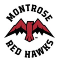 Montrose Red Hawks logo with red hawk wings and black text on white background