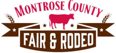 Montrose County Fair & Rodeo logo with brown banners, red cow silhouette, and wheat accents