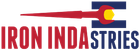 Iron Industries logo with red text and a blue emblem featuring a yellow circle and red arrow