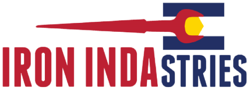 Iron Industries logo with red text and a blue emblem featuring a yellow circle and red arrow
