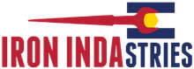 Iron Industries logo with red text and a blue emblem featuring a yellow circle and red arrow